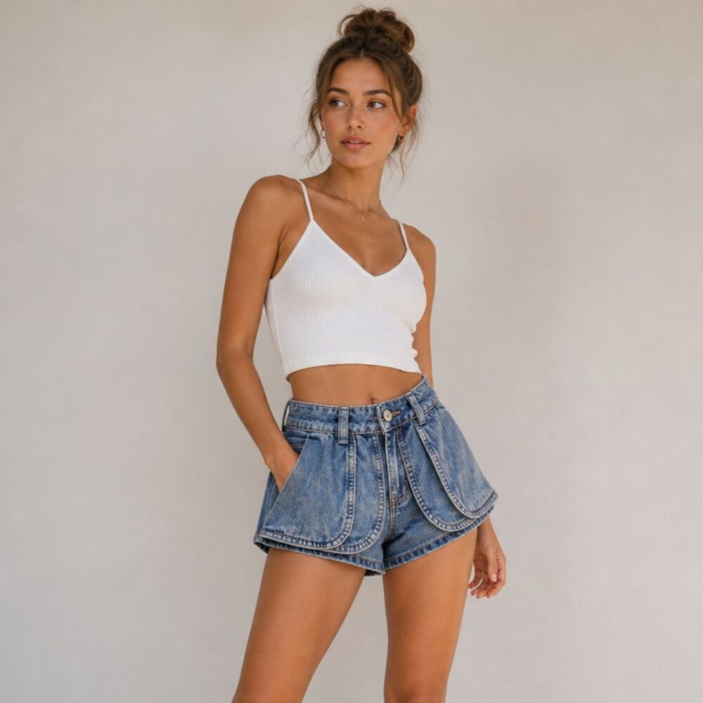 We The Free Prince Street Denim Shorts 24 Blue High Rise Layered Pocket NWT